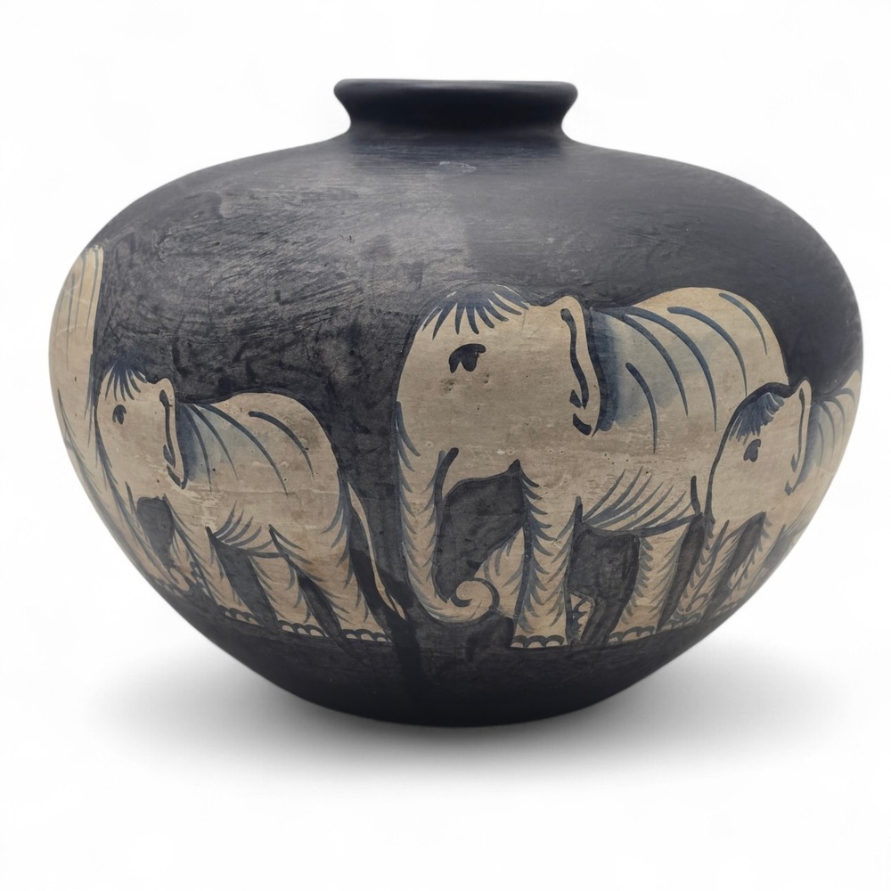 Vintage Studio Pottery Vase Elephant Motif Matte Black Southwest Style - Picture 3 of 12